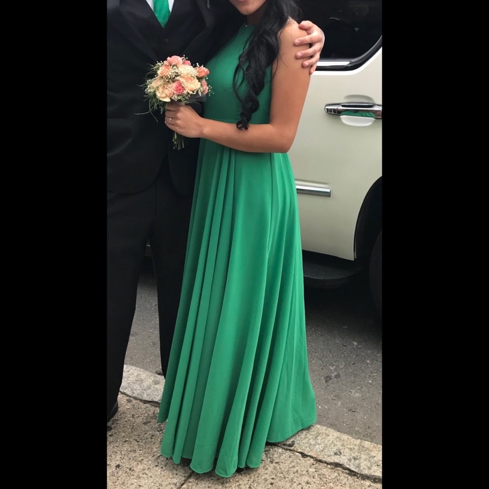 Open back long green dress